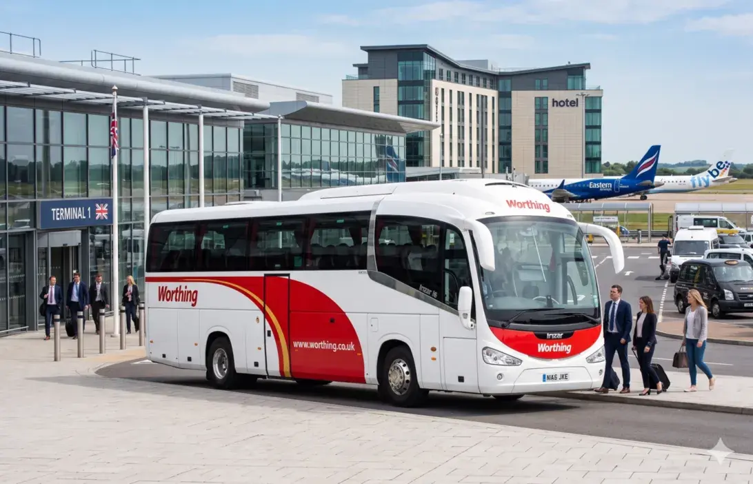 Corporate coach parked outside airport terminal with business passengers boarding