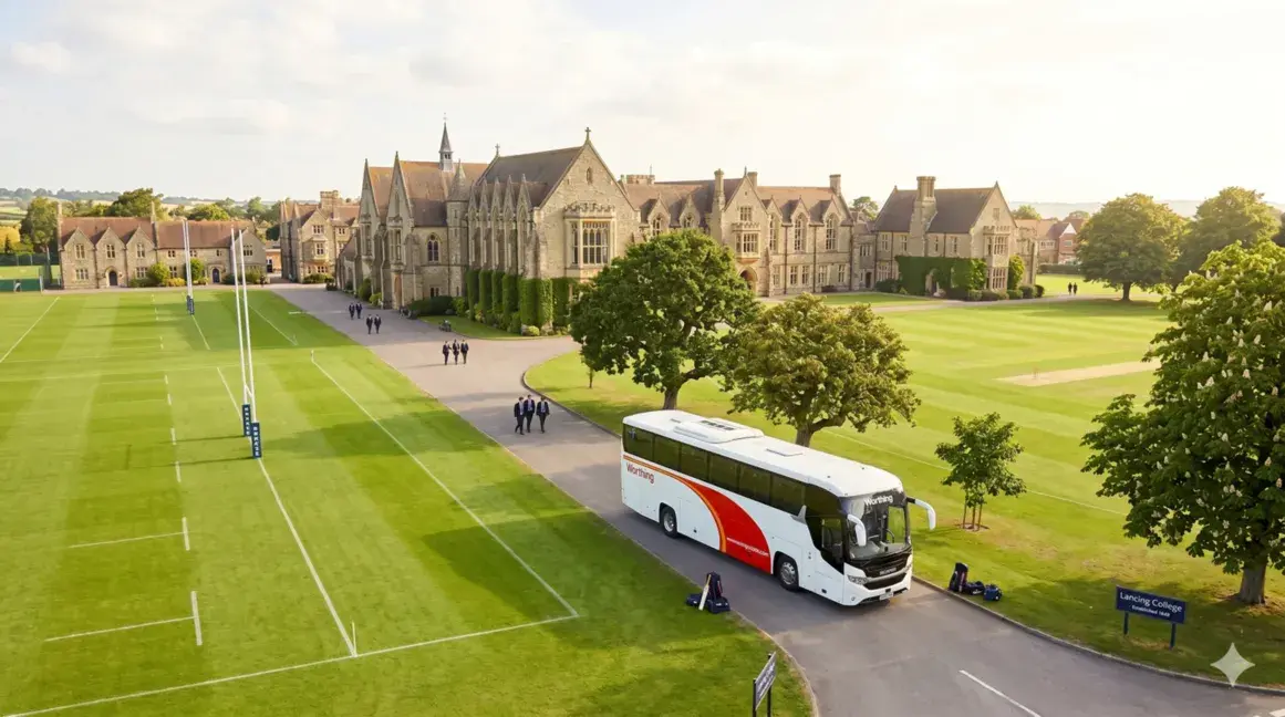 Coach parked beside a school sports field during a school trip with students nearby