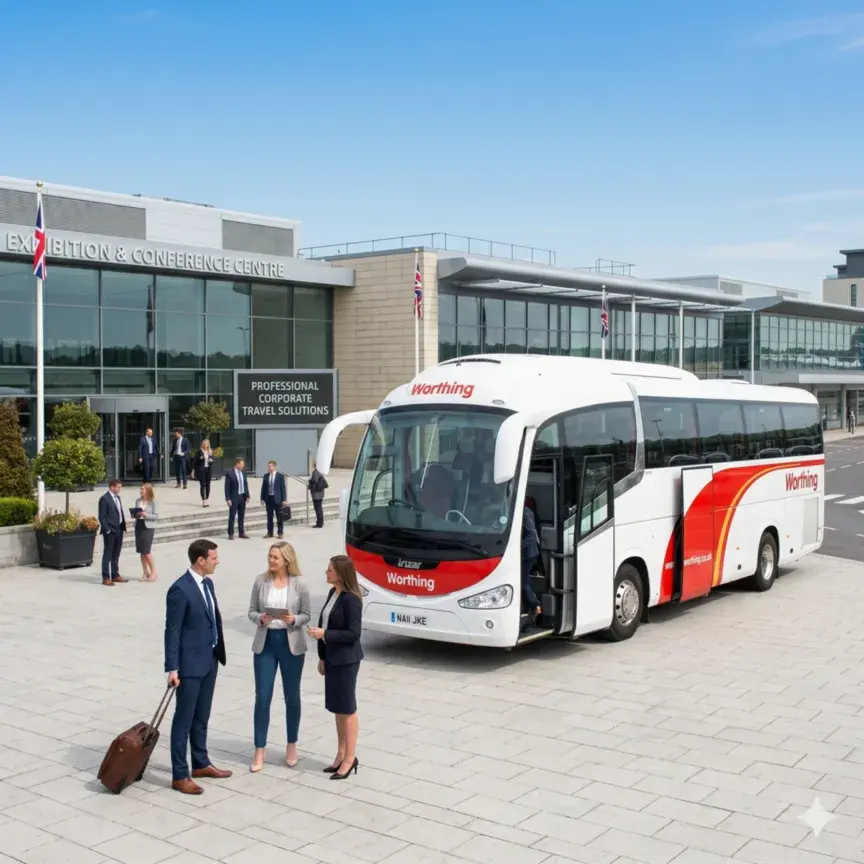 Executive coach hire with business travellers arriving at a modern conference venue