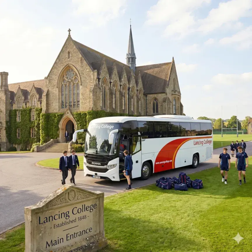 School coach arriving at a college entrance with students and sports equipment on the grass