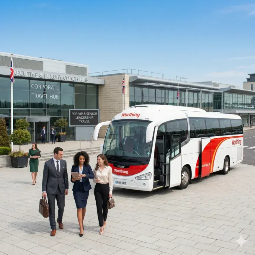 Professional corporate transport with business team walking beside executive coach