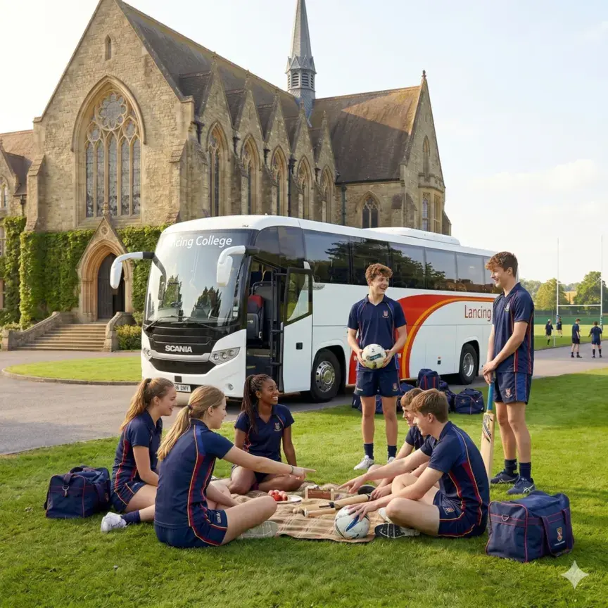 Students sitting on grass beside a coach during a school outing with staff supervising