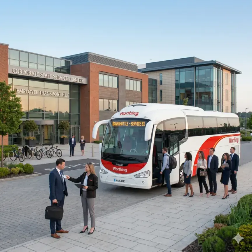 Luxury corporate coach outside business venue with delegates and staff nearby
