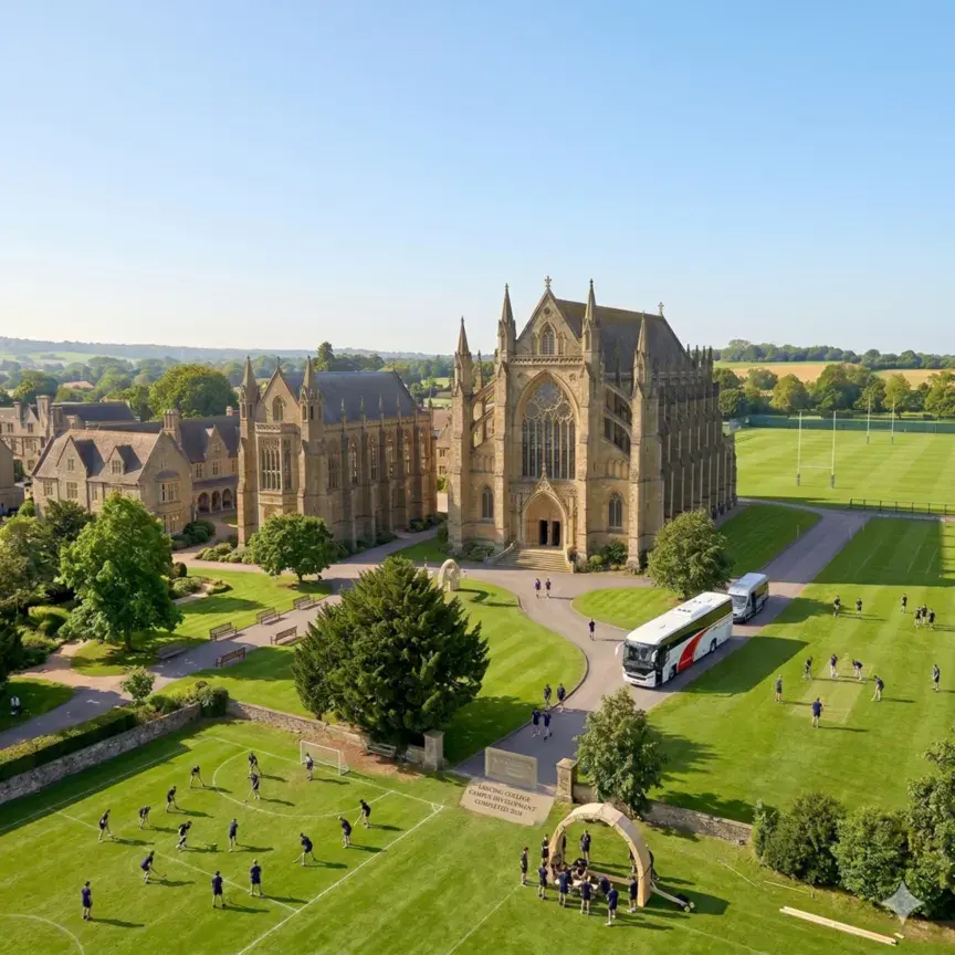 Aerial view of a school campus with a coach parked on the grounds and students gathered outside