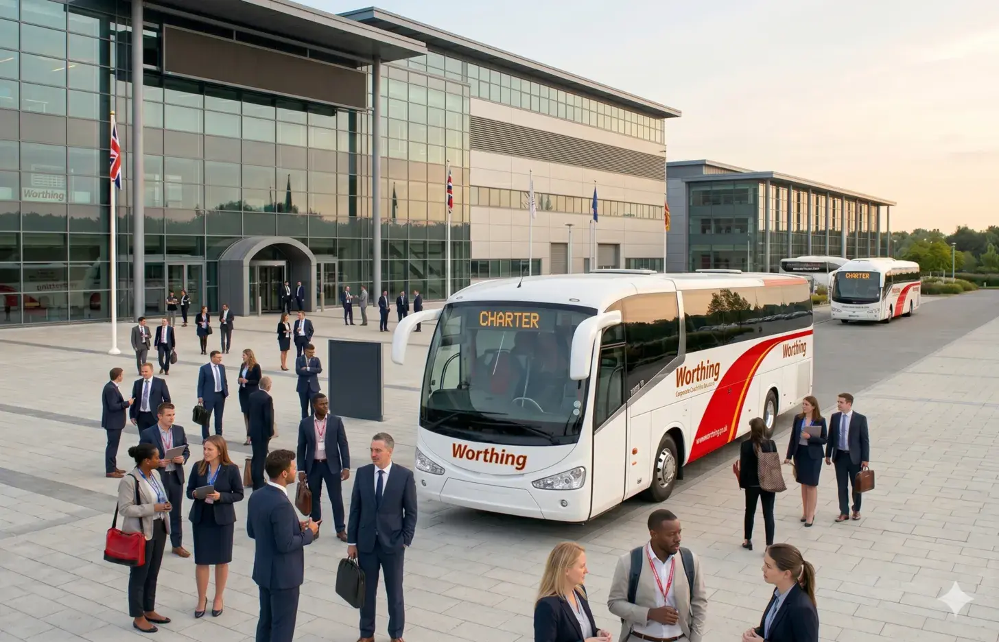 Business group gathering beside executive coach at modern corporate event location