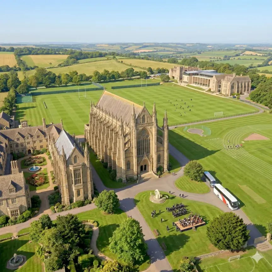 Wide aerial shot of a school campus with sports fields and a coach positioned near the buildings