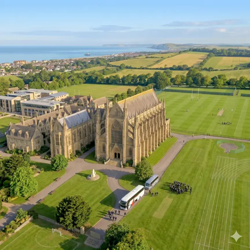 Bird’s-eye view of a historic school building with expansive grounds and a coach parked nearby