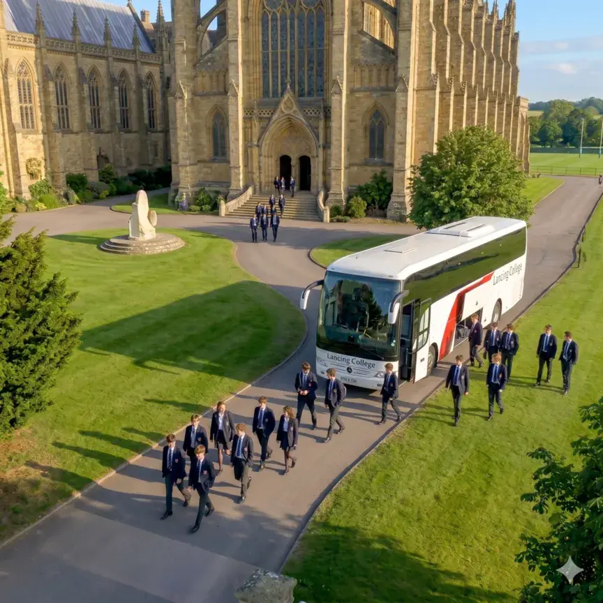 Students boarding a coach outside a large school building during a organised school trip